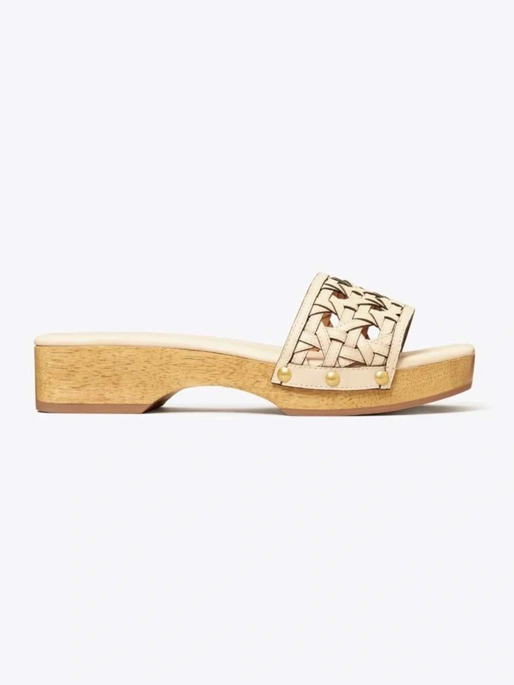 TORY BURCH Lattice Basketweave Leather Wood Sole Clog Sandals Slides \\ 8